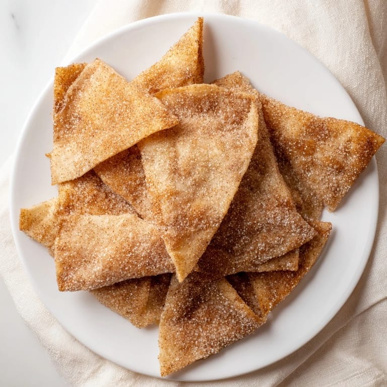 Crispy, air-fried cinnamon sugar tortilla chips ready to be served warm with dipping sauce.