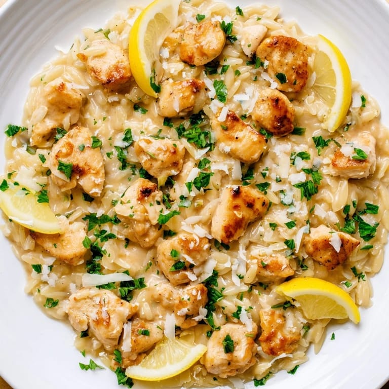 One-pan Creamy Lemon Chicken Orzo with tender chicken and creamy orzo, a flavorful Mediterranean-inspired dinner.
