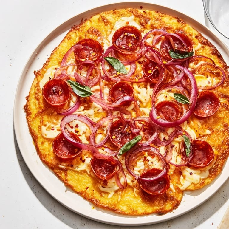 Fresh basil adorns this golden Hot Honey Pepperoni Flatbread, baked to crispy perfection with spicy pepperoni.