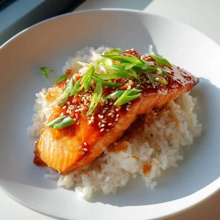A close-up of glistening sticky orange salmon, cooked to perfection, with a vibrant sauce.
