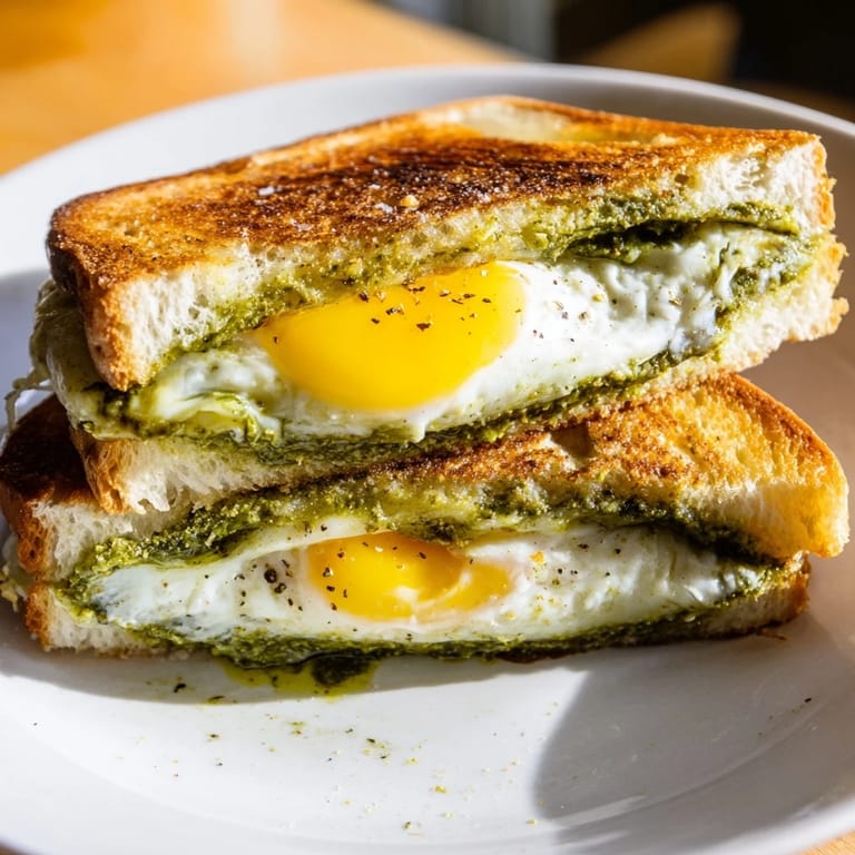 Imagine a close-up of the melty Pesto Egg Grilled Cheese, oozing cheese and perfectly toasted bread.
