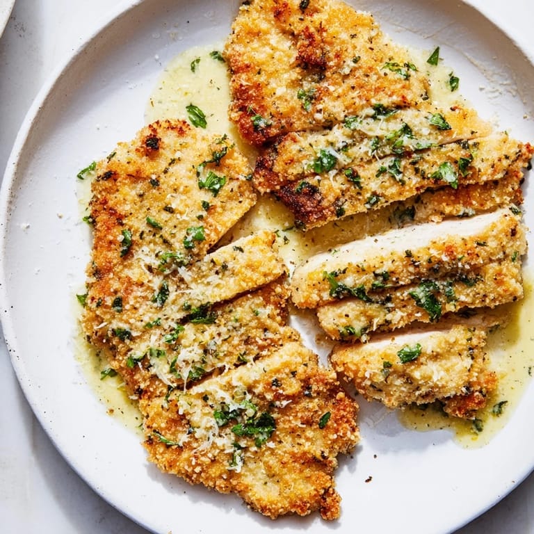 Delicious crispy chicken with garlic cream sauce, drizzled over beautifully browned chicken breasts.