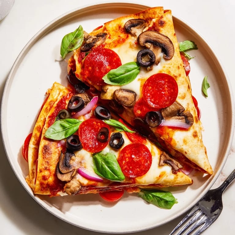 A freshly made tortilla pizza wrap, oozing with cheese and colorful vegetable toppings.