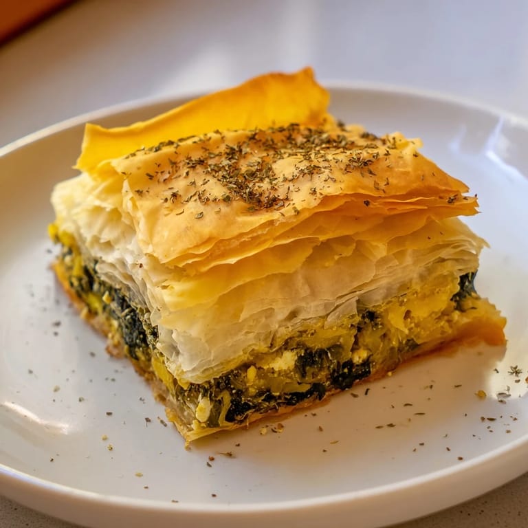 A baked, golden brown Greek spanakopita, with a crispy phyllo crust and visible spinach filling.