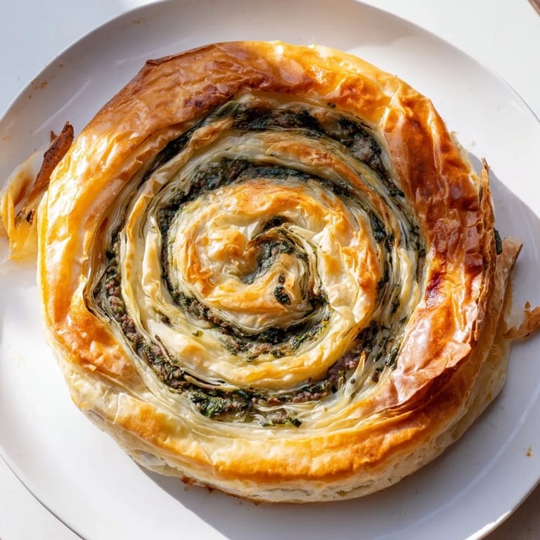 A close-up of the delicious Bosnian Burek shows a spiral pastry with crispy, buttery layers and a hearty filling.