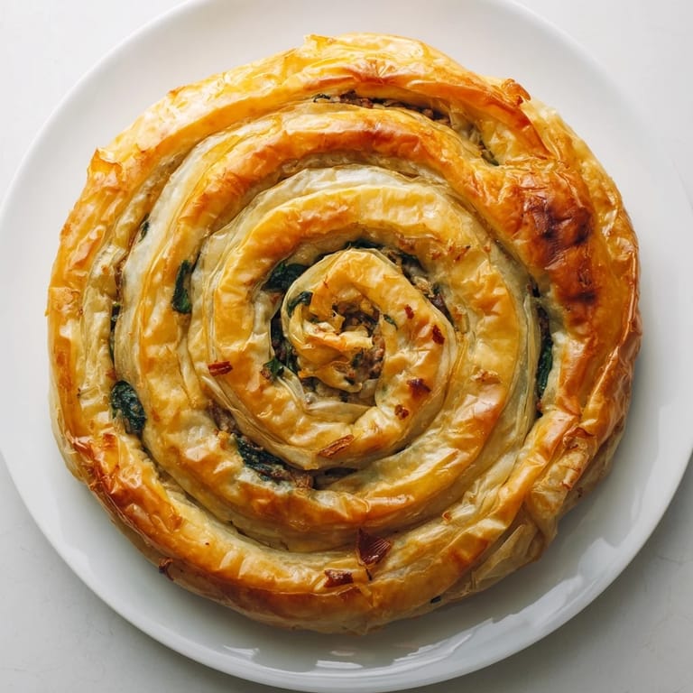 Warm, flaky Bosnian Burek: golden spirals of phyllo pastry encasing flavorful ground beef and spinach.