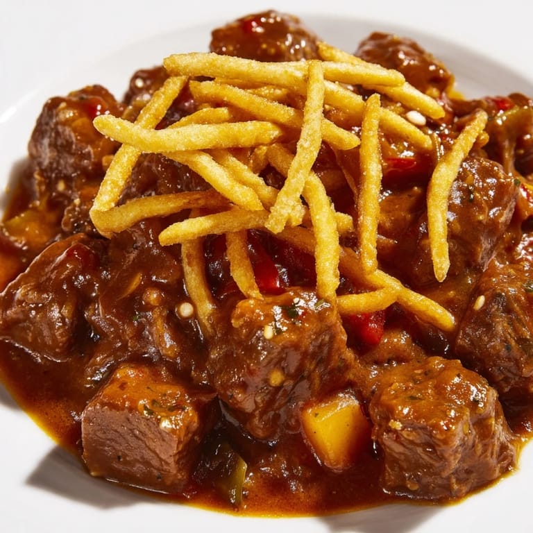 A simmering pot of traditional Czech Goulash Potato, offering rich beef and a paprika-kissed sauce alongside golden potatoes.
