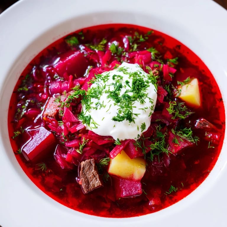 Rich and savory Ukrainian borscht soup, a comforting blend of beets, beef, and vegetables.