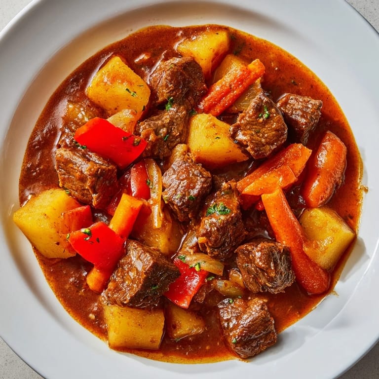 Aromatic Hungarian Goulash Stew, perfectly seasoned, showcasing tender chunks of beef in a rich paprika-infused broth.