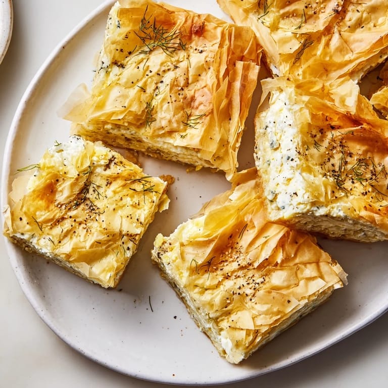 Layers of crispy phyllo dough embrace the cheesy filling in this warm Bulgarian Banitsa.