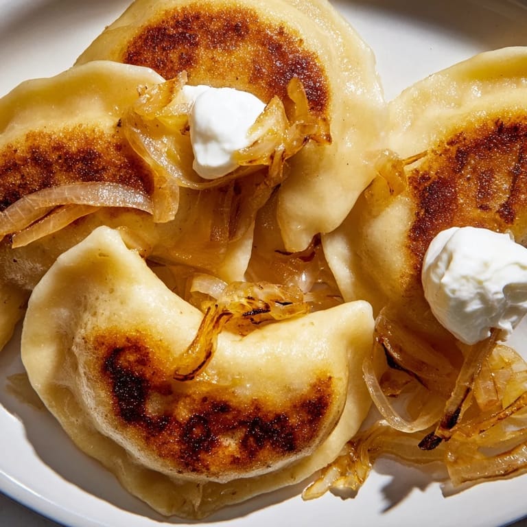 A close-up of freshly pan-fried Polish pierogi; these cheese and potato dumplings look delicious.