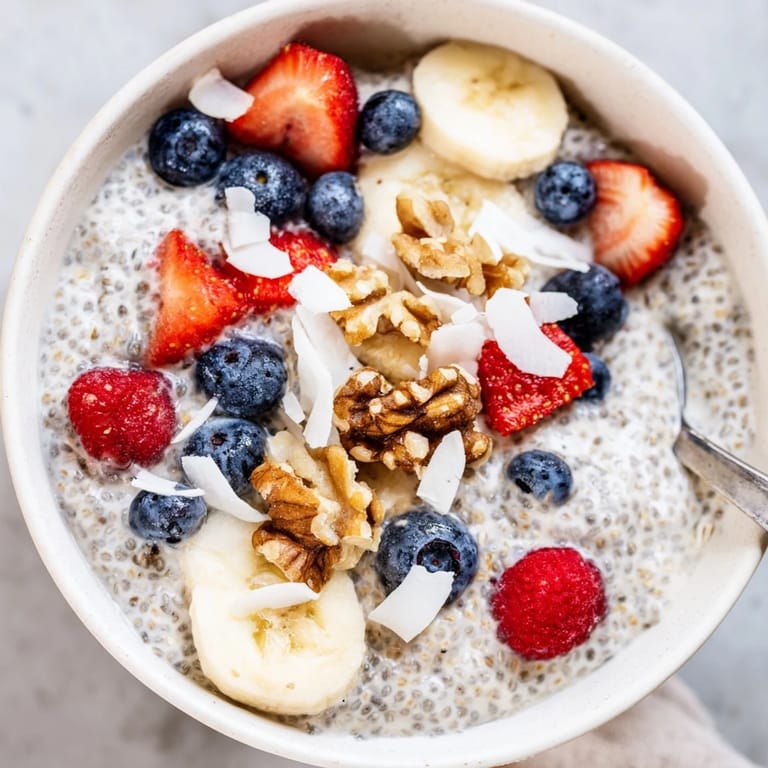 A mason jar of chia seed pudding, swirled with maple syrup and vanilla, garnished with ripe mango chunks and crunchy slivered almonds for texture.