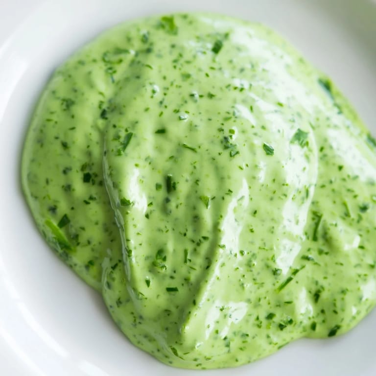 Green Goddess Dressing drizzled over a colorful salad of mixed greens, avocado slices, and grilled chicken for a fresh, herby finish.