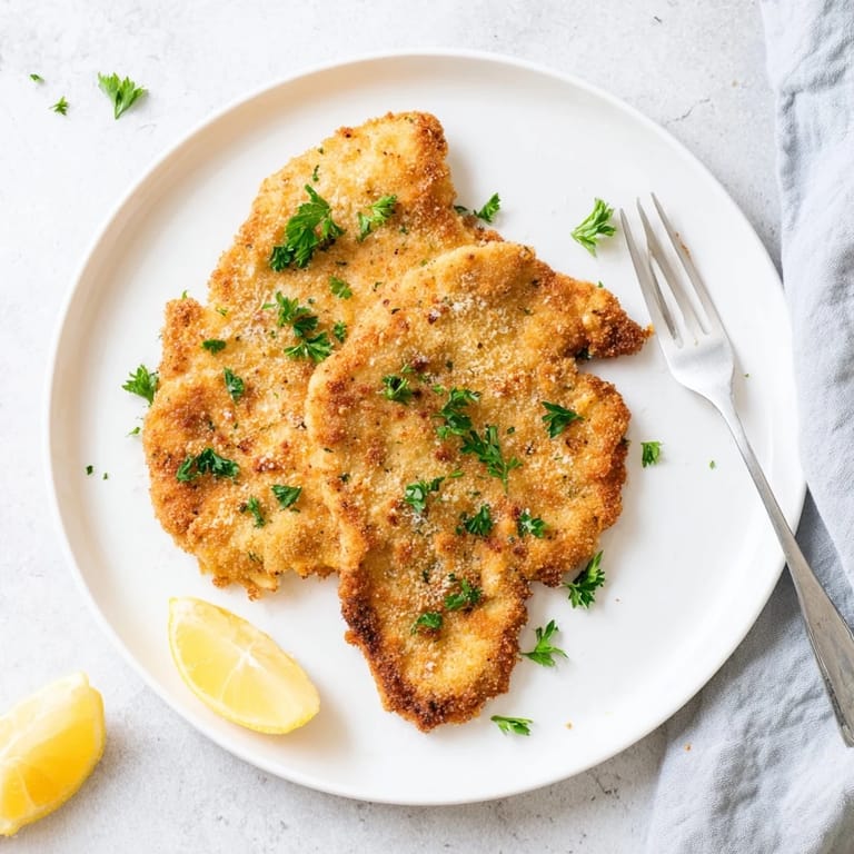 A close-up of Crispy Parmesan Chicken Cutlet showcasing the crunchy panko and golden Parmesan crust over tender, juicy chicken.