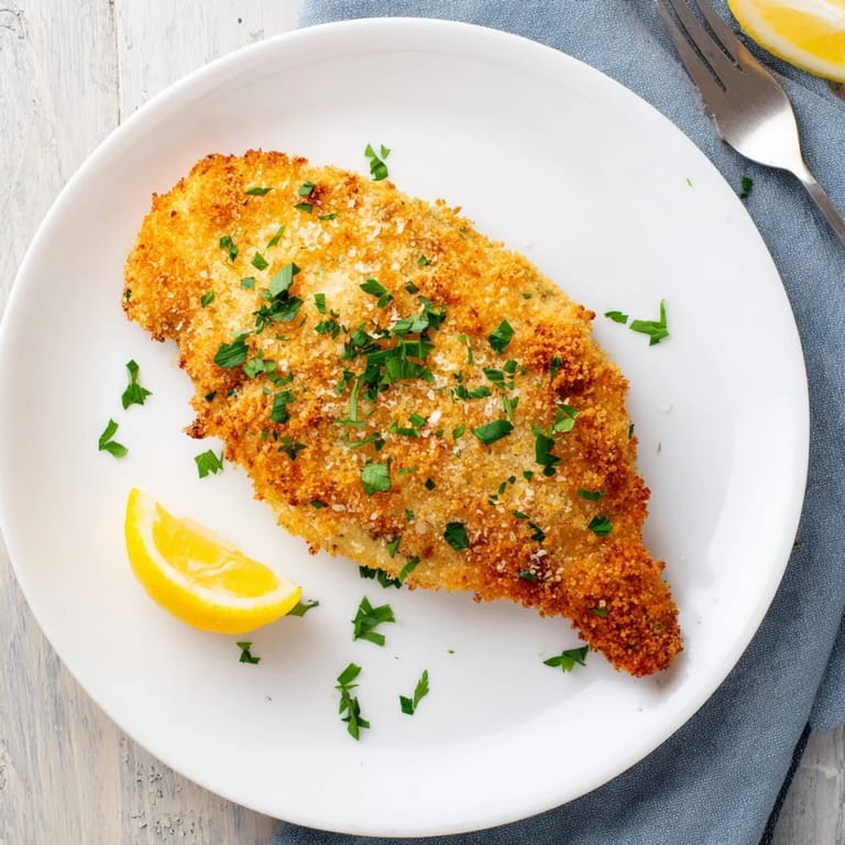 A serving suggestion of Crispy Parmesan Chicken Cutlet plated with a side of pasta and a garnish of chopped parsley.