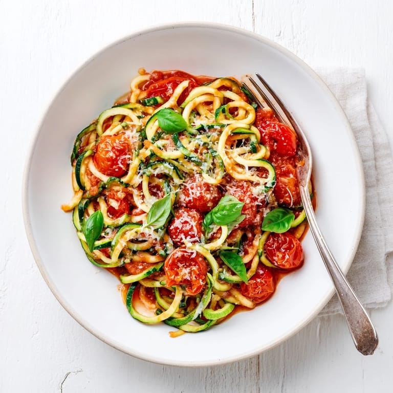 Spiralized zucchini noodles served two ways, with vibrant tomato sauce and rich pesto for a low-carb meal.