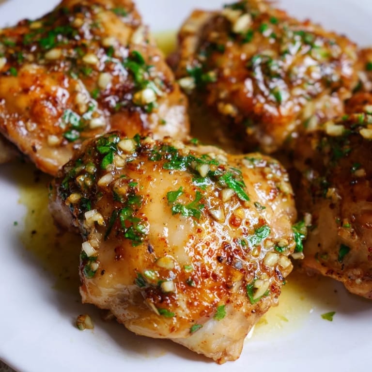 Family-style Garlic Butter Chicken Thighs plated with roasted vegetables, showcasing juicy meat and a rich, buttery sauce.