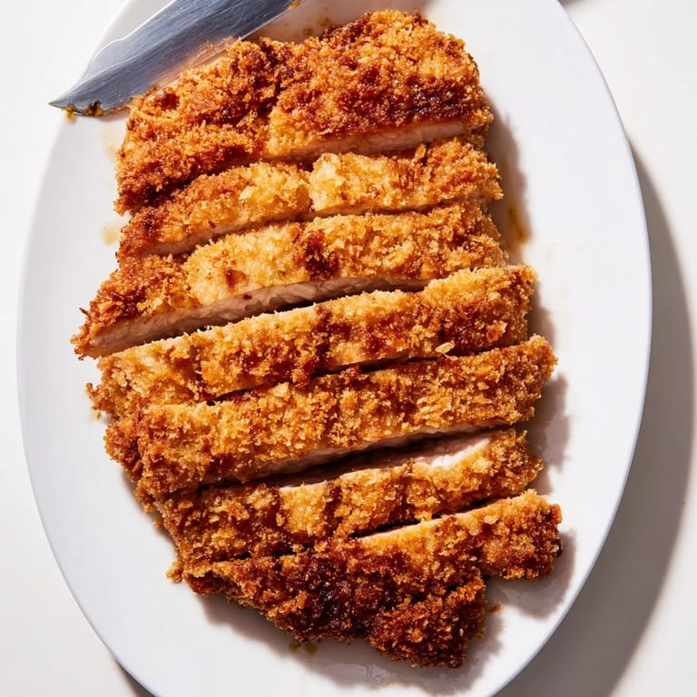 Close-up of Chicken Katsu Crispy Cutlet showing panko crust texture, served with tangy tonkatsu sauce on the side.