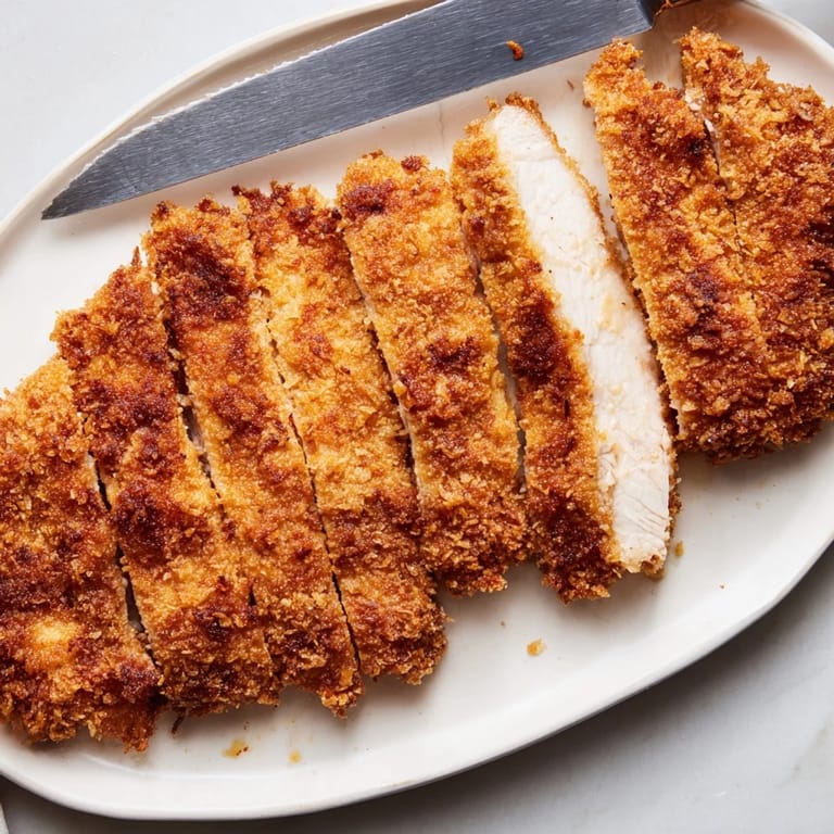 Juicy Chicken Katsu Crispy Cutlet sliced open to reveal tender meat, arranged on a plate with vibrant vegetables.