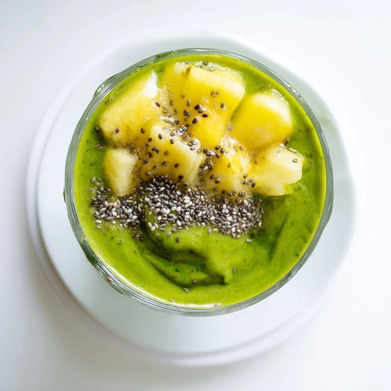 Close-up of a spinach-hidden smoothie in a tall glass, showing a smooth, creamy texture and tropical fruit garnish.