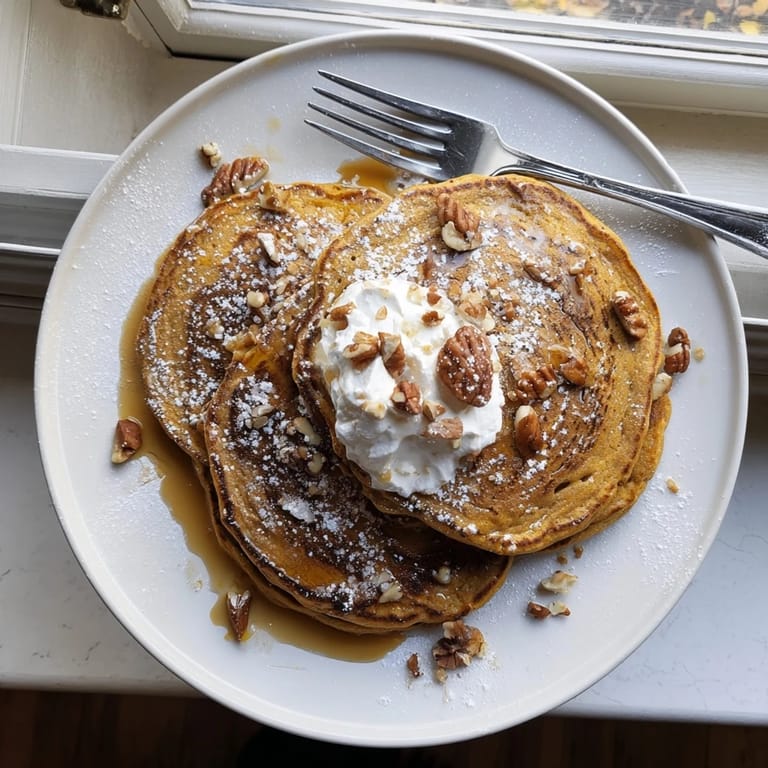 Freshly cooked Pumpkin Spice Pancakes served on a rustic plate with a side of whipped cream and maple syrup for brunch.