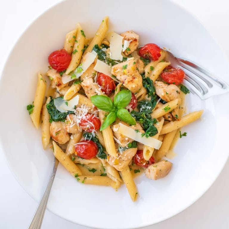 A close-up view of One-Pan Lemon Herb Pasta Chicken with melted Parmesan and fresh parsley garnish, served as a vibrant family-style dinner.