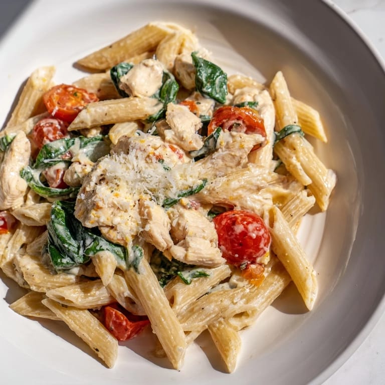 Freshly cooked Greek Yogurt Chicken Pasta garnished with grated Parmesan and basil, showcasing a light, creamy sauce and colorful vegetables.