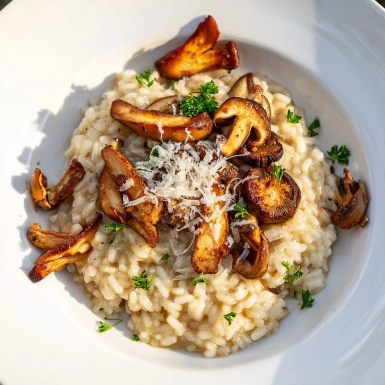 A close-up of rich Italian mushroom risotto with caramelized cremini and shiitake mushrooms in a white ceramic bowl.