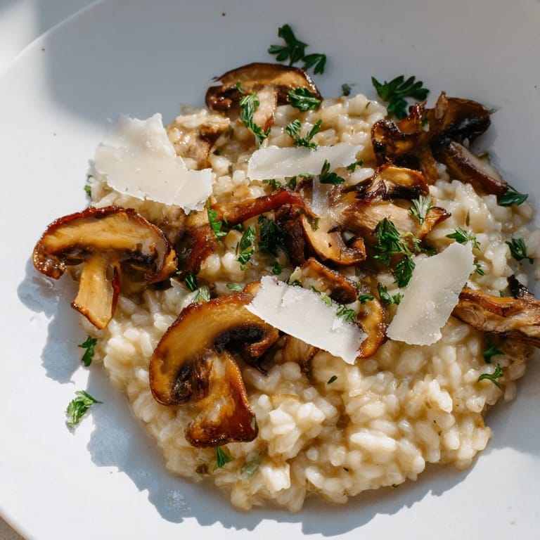 Comforting vegetarian Roasted Mushroom Risotto served hot, with extra Parmesan and fresh thyme on top.
