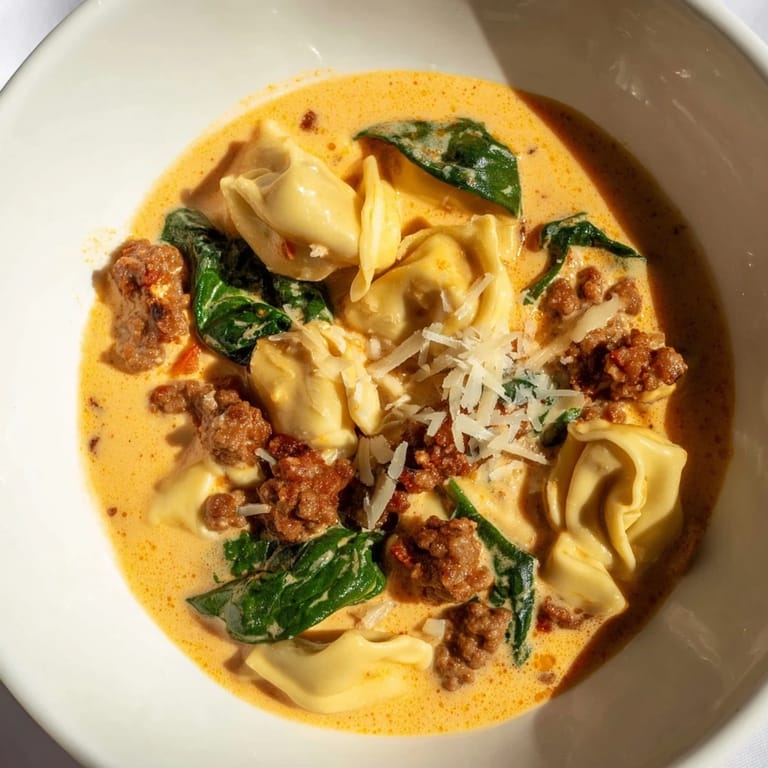 Hearty Tuscan Tortellini Soup in a rustic white bowl, with melted Parmesan and fresh basil on top, ready to serve.