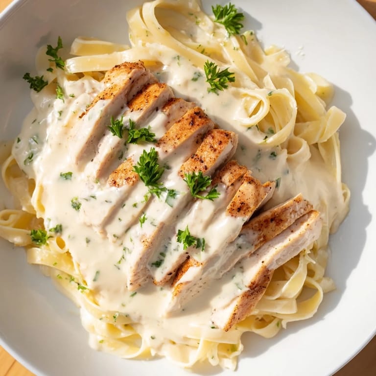 A close-up shows silky Alfredo sauce clinging to fettuccine and golden chicken in this Cajun Chicken Alfredo.