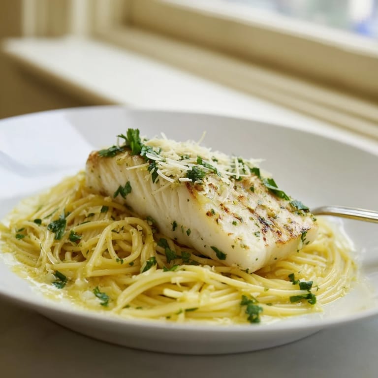 Serving suggestion for Lemon Bass Pasta, featuring a warm main dish with bright herbs and a side of white wine.