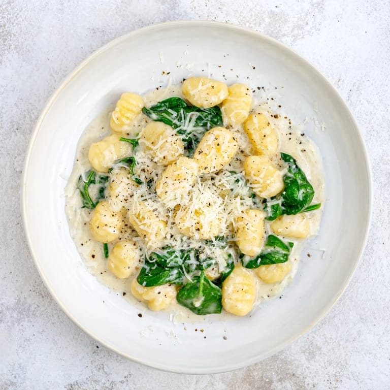 A steaming skillet of Creamy Garlic Gnocchi, featuring soft dumplings and vibrant green spinach leaves swimming in a luxurious white sauce.