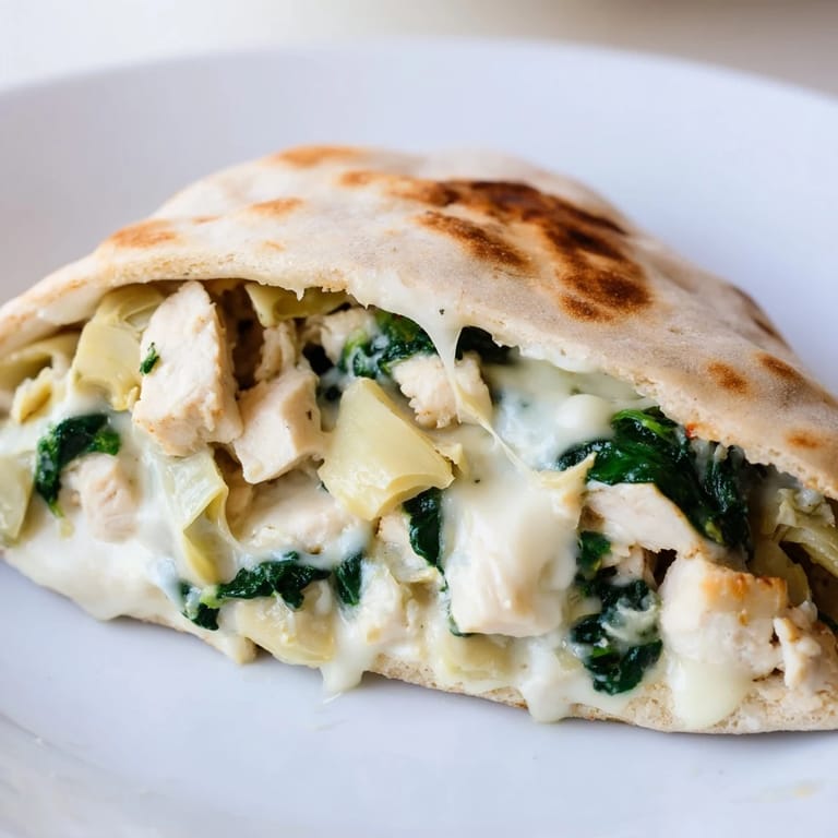 A serving of Spinach Artichoke Chicken Stuffed Pita, garnished with parsley, rests beside bright lemon wedges for a fresh finish.