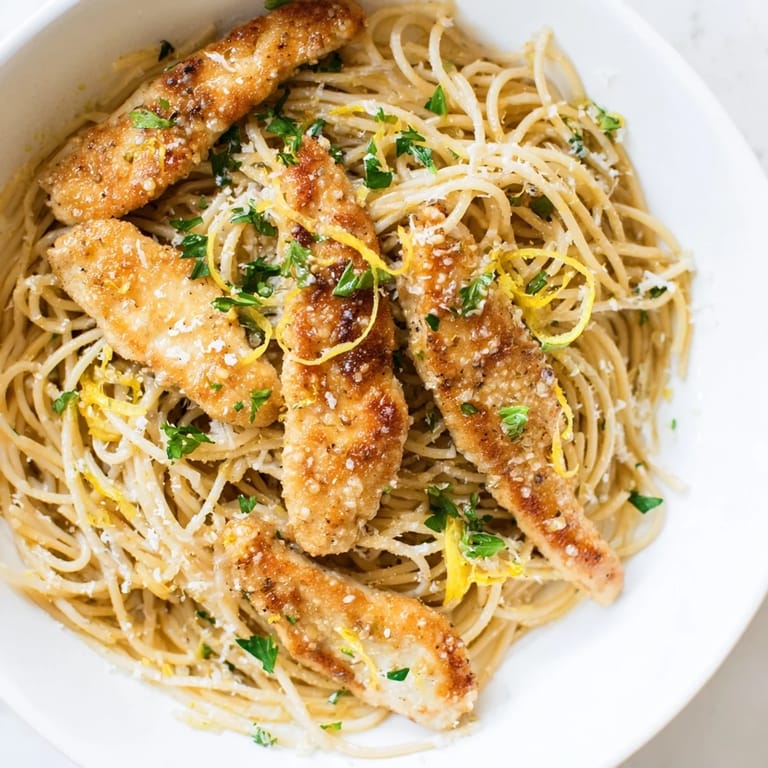 Fresh parsley and lemon zest garnish a warm bowl of Brown Butter Lemon Chicken Pasta for a bright Italian-American meal.