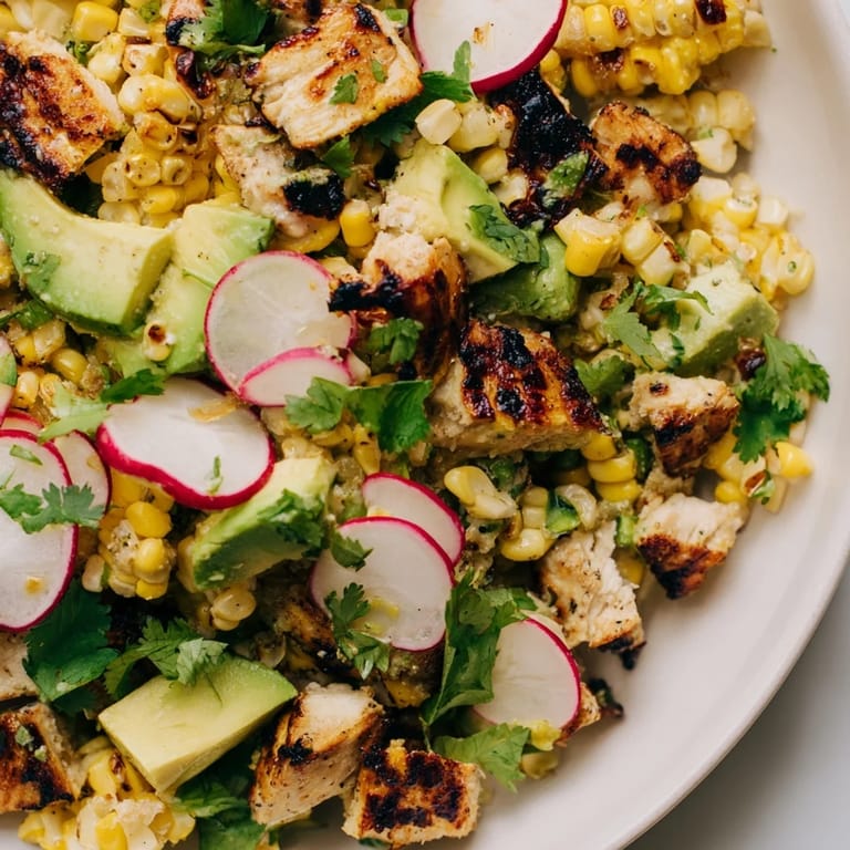 Golden grilled corn and diced chicken top a colorful bed of romaine, avocado, and radishes in this hearty Roasted Corn & Chicken Chopped Salad.