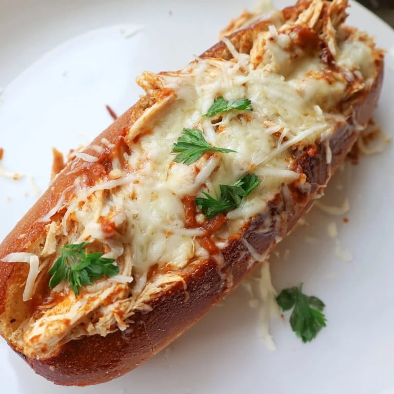 Slice of Chicken Parm Stuffed Garlic Bread revealing tender chicken and marinara inside, with gooey, bubbly cheese topping.