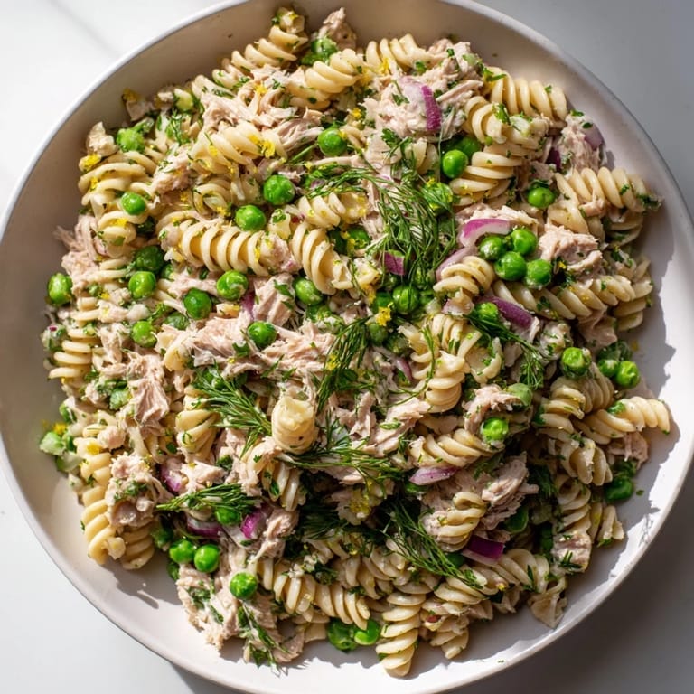 Lemony Tuna Pasta Salad with peas and parsley, served ready to eat on a marble counter.