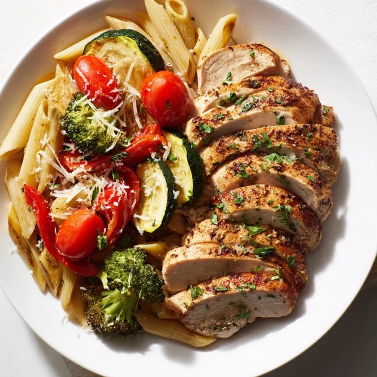 Garlic herb chicken and veg pasta plated beautifully, garnished with fresh parsley and lemon zest, perfect for a quick weeknight dinner.