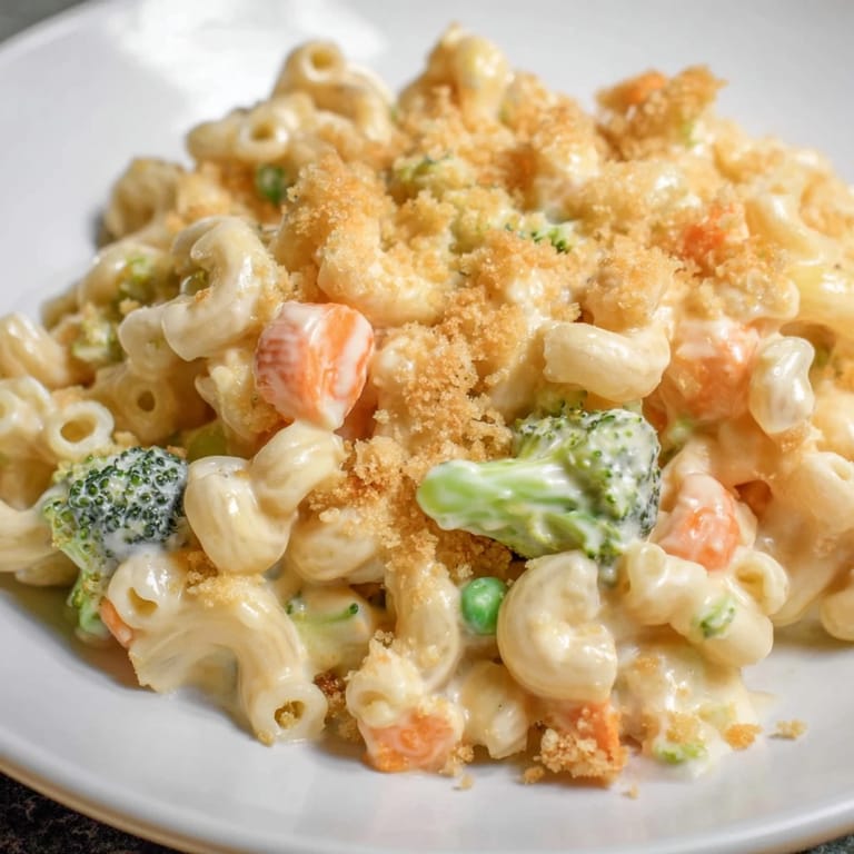Steam rises from a comforting bowl of Garden Veg Mac and Cheese, revealing tender elbow pasta coated in rich, cheesy sauce.