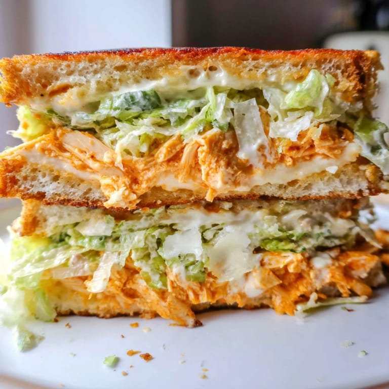 A plated Buffalo Chicken Caesar Grilled Cheese with a side salad, ready for a hearty lunch.