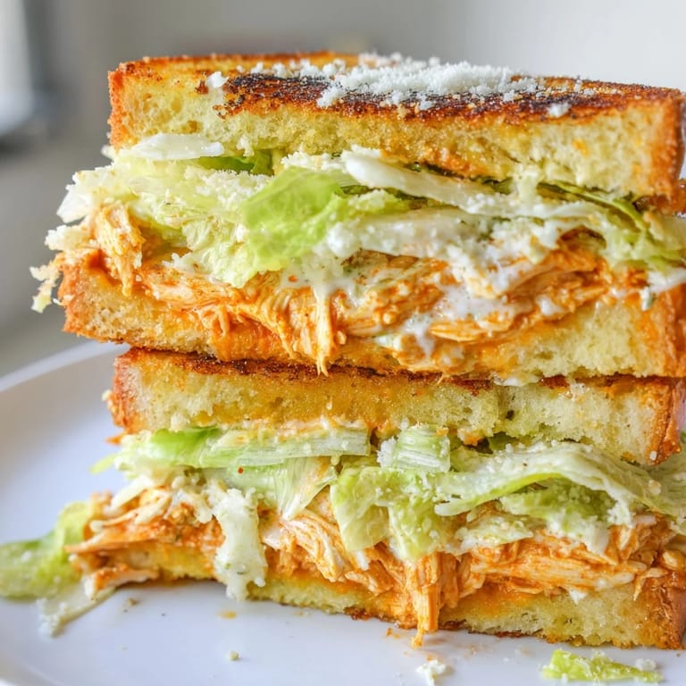 Golden-brown Buffalo Chicken Caesar Grilled Cheese slices revealing layers of spicy chicken, romaine, and creamy dressing.  