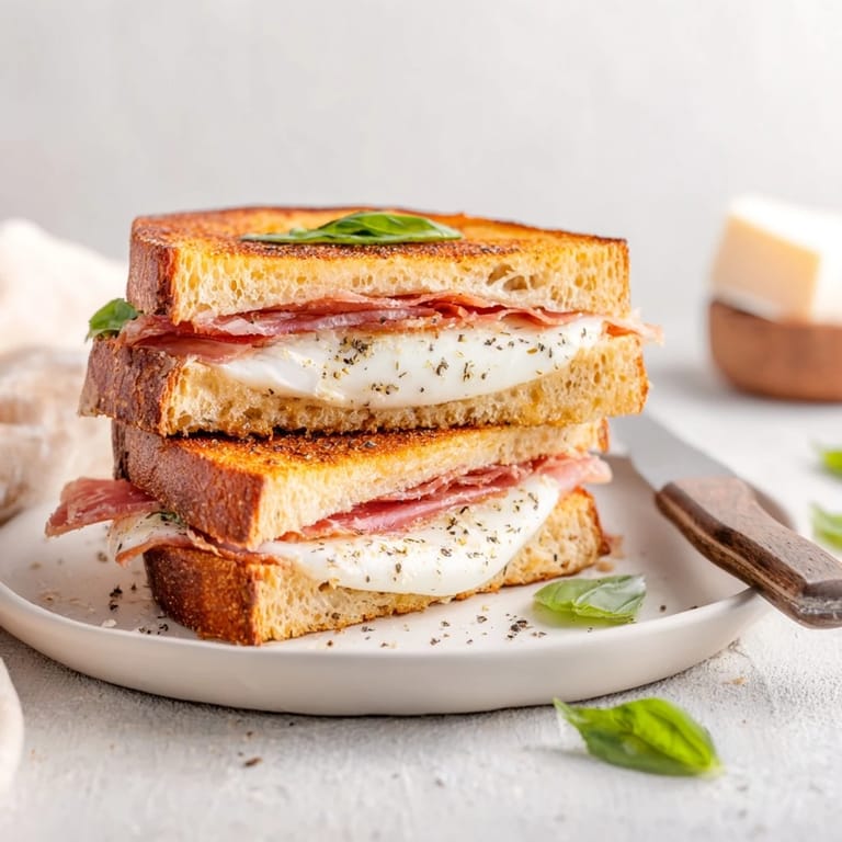 Two halves of Crispy Prosciutto & Burrata Grilled Cheese, revealing the gooey burrata pull and fresh basil leaves inside.