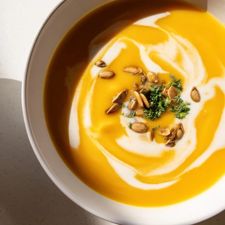 Roasted butternut squash soup swirls with coconut milk, cumin, and nutmeg, steaming next to crusty artisan bread on a wood table.