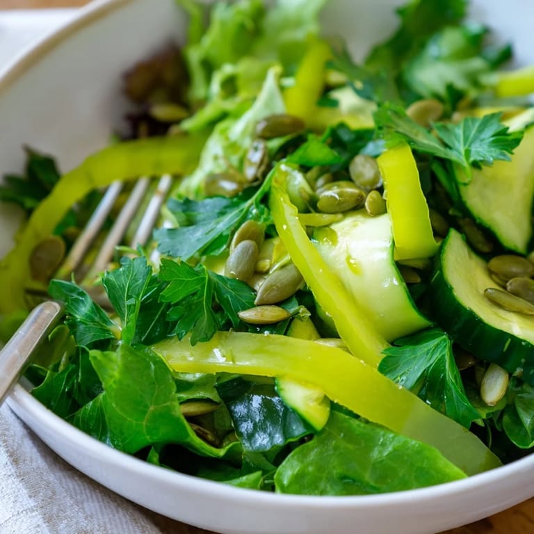 Close-up of the vibrant Glowing Green Salad, showcasing a mix of hydrating greens, vegetables, and seeds tossed in a zesty homemade vinaigrette.