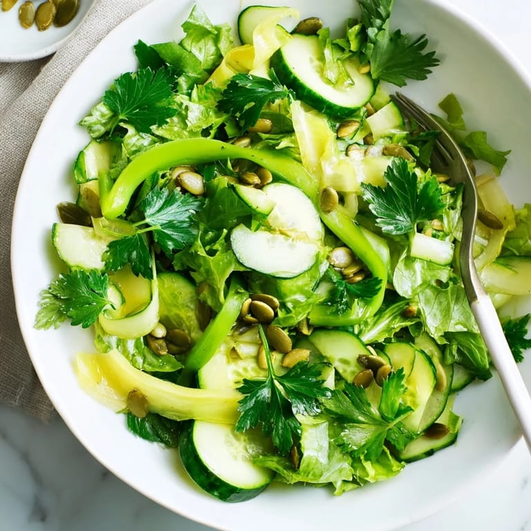Brightly colored Glowing Green Salad served on a white plate, featuring sliced zucchini, fresh parsley, and a light dressing for a refreshing vegan side dish.  