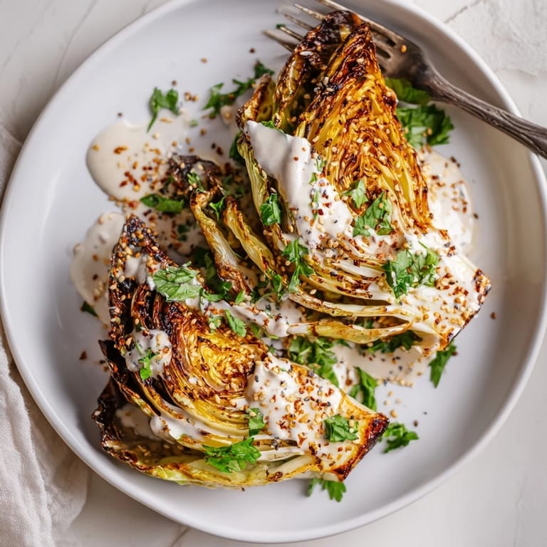 Tender roasted cabbage wedges with charred edges, served warm and topped with a nutty tahini sauce, chopped parsley, and toasted sesame seeds.
