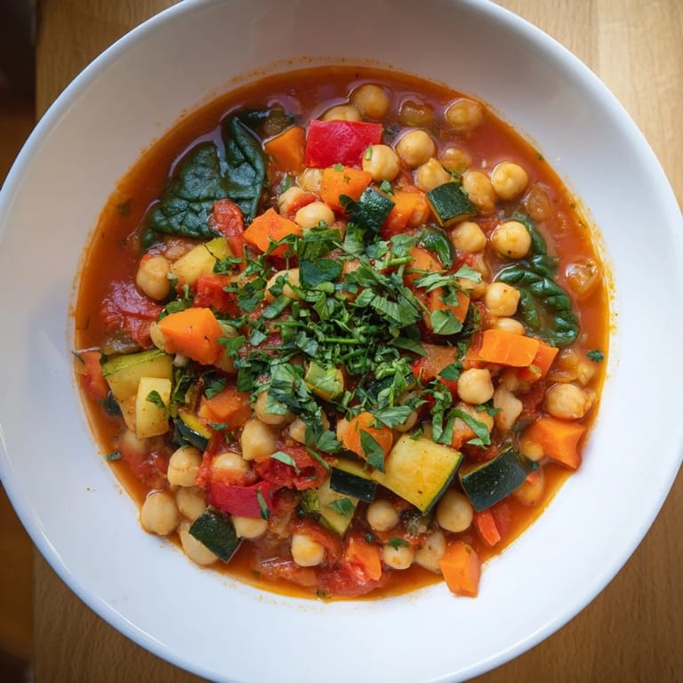 Close-up of Spicy Chickpea Stew showing wilted spinach stirred into the vibrant, spice-infused vegetable and legume mixture.