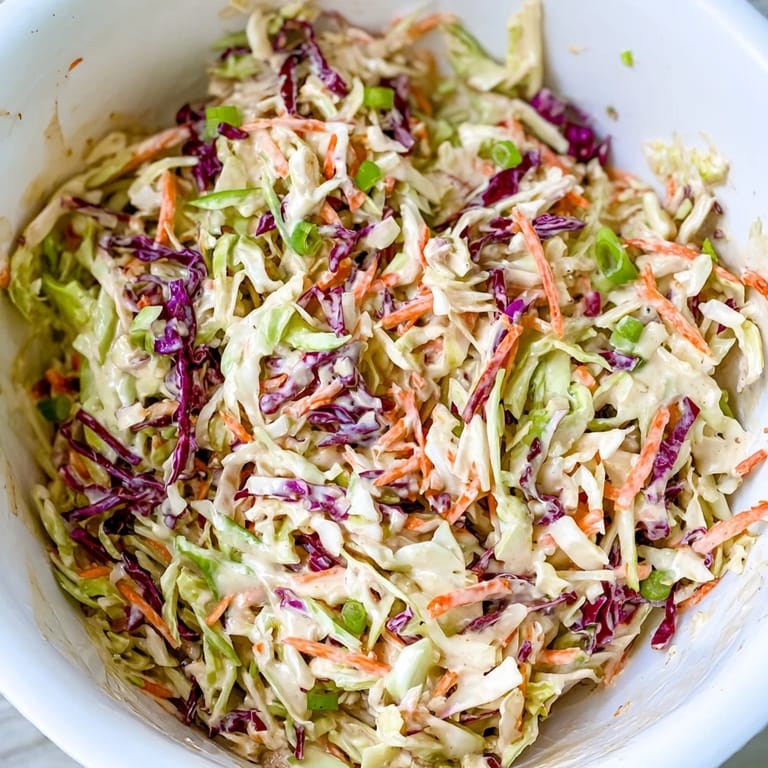 A vibrant bowl of Best Cabbage Coleslaw topped with green onions, ready for a summer barbecue or picnic spread.  
