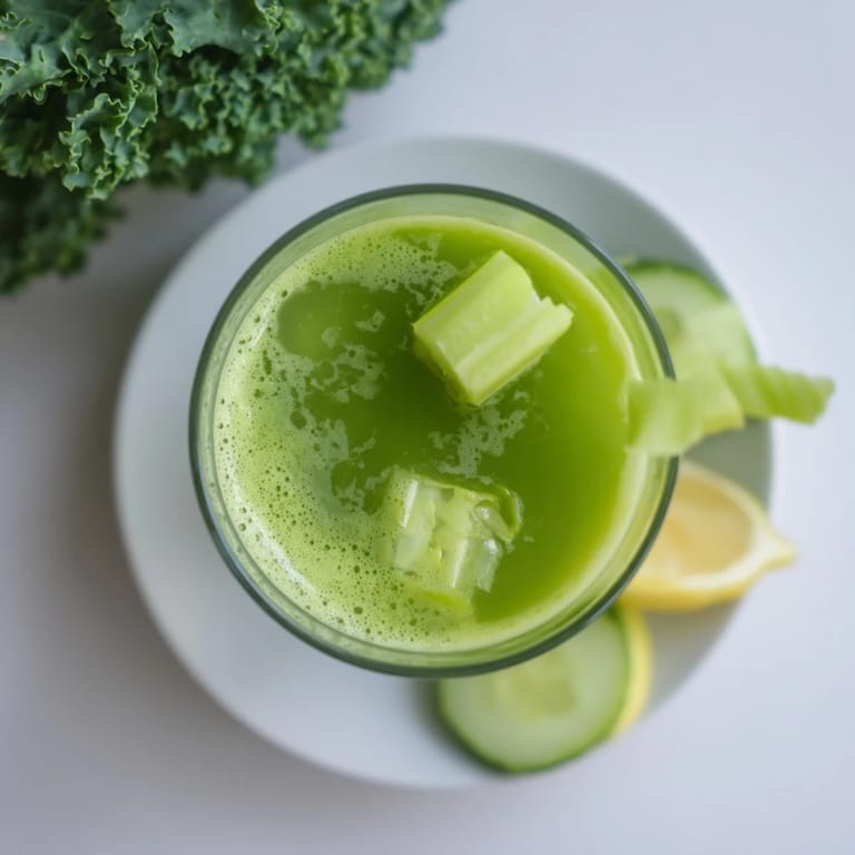Cabbage and Kale Detox Juice served over ice with celery sticks, offering a refreshing and cleansing detox boost for your wellness journey.